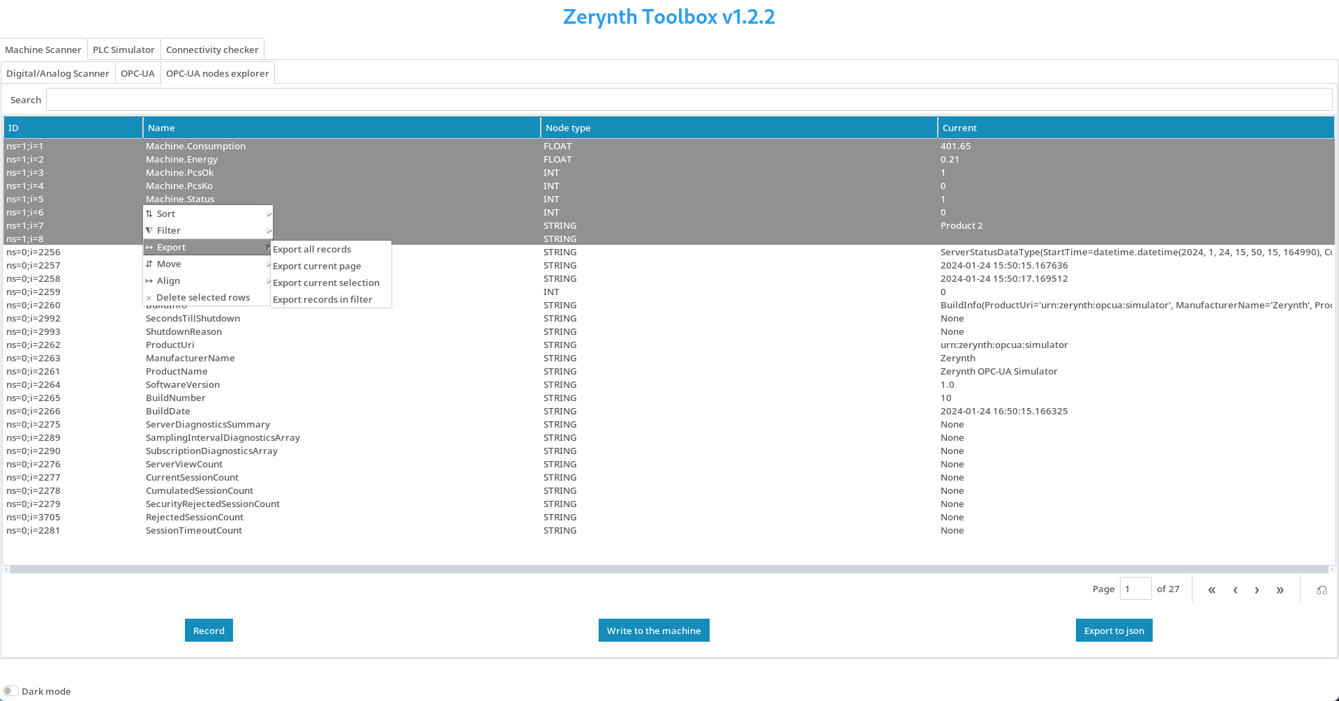 Export menu