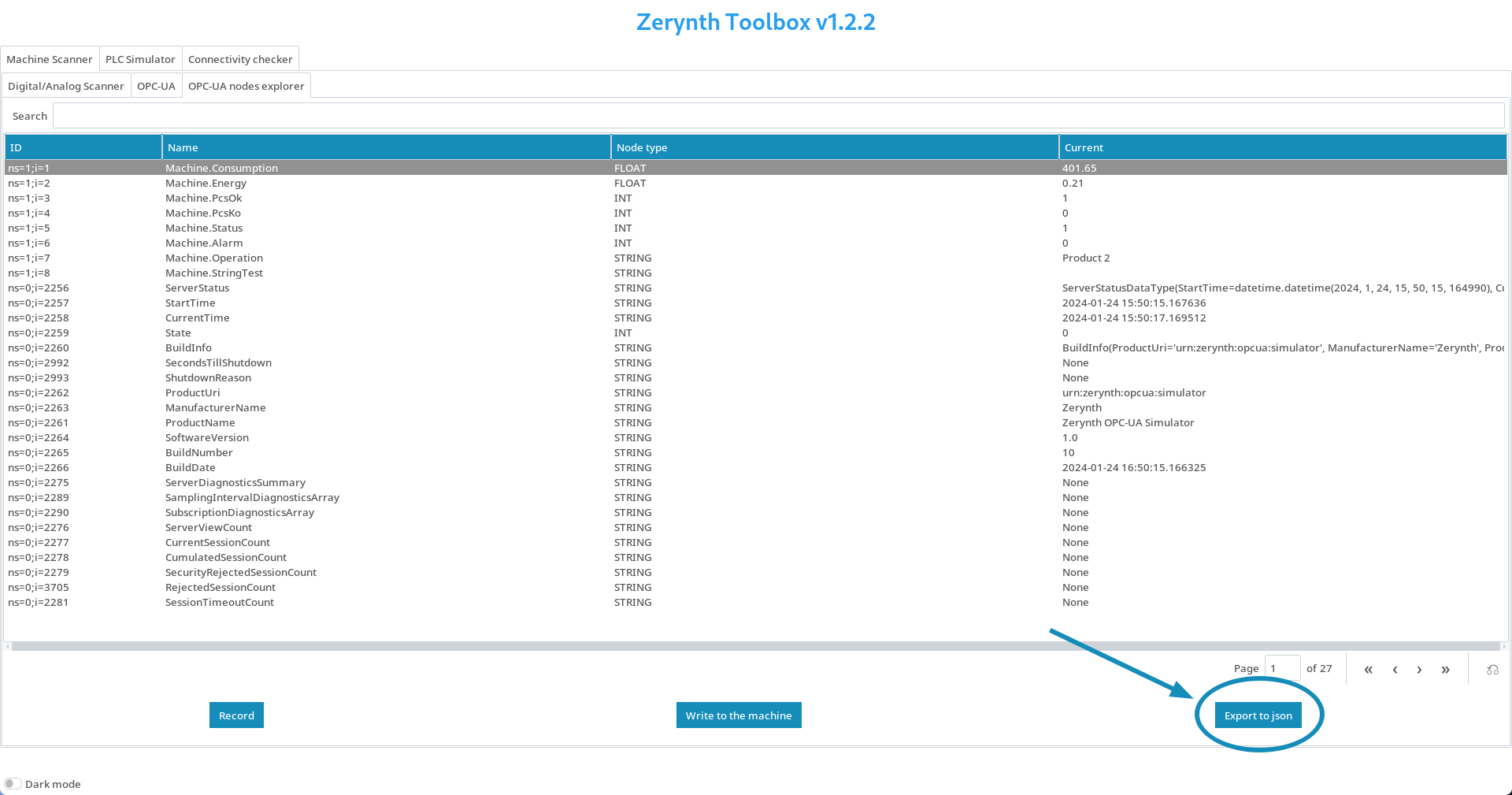 Export JSON button